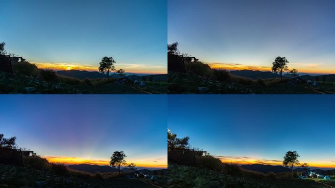 日落在农场和山上露营地上空的延时拍摄