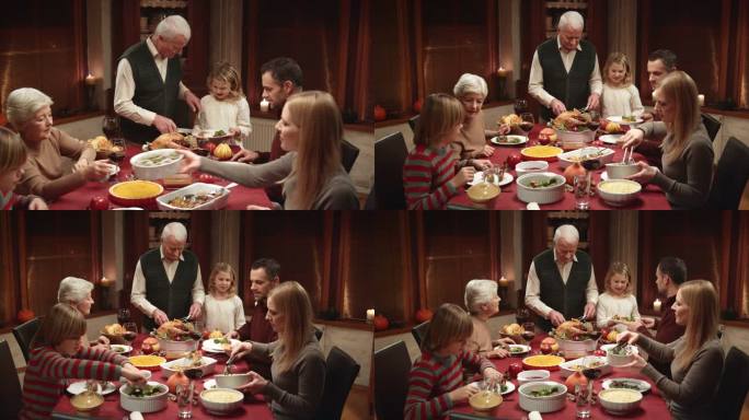 孙女在感恩节晚餐上等爷爷给她切火鸡片