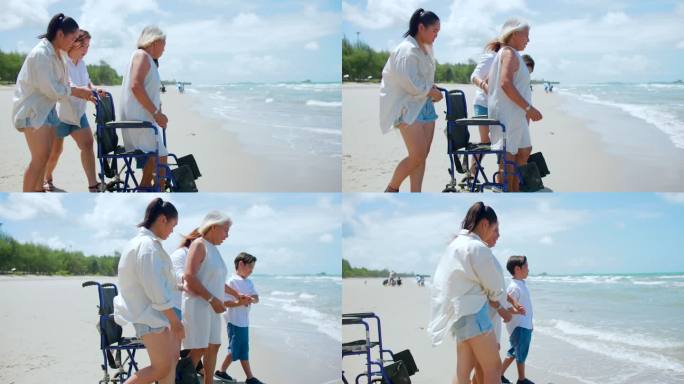 快乐亚洲家庭在海滩享受海浪、度假、放松、度假、退休、轮椅