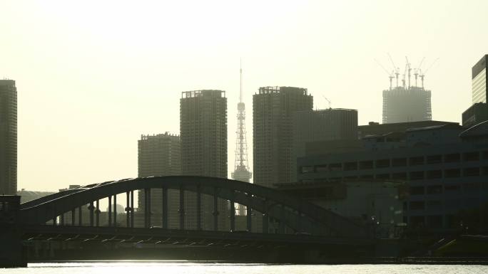 黄昏时的苏米达河。Kachidokibashi桥和城市景观。东京塔。