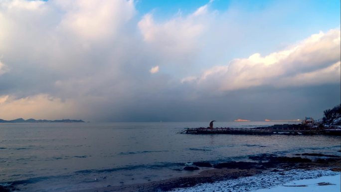 烟台海边延时 黄昏 雪景