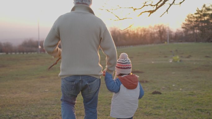 祖父和孙子手牵着手在草地上奔跑