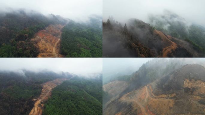 【合集】航拍山火后云雾中重庆缙云山隔离带