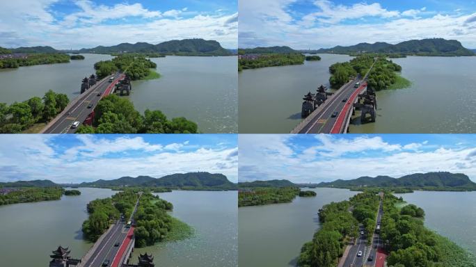 航拍杭州湘湖风景区 政和桥