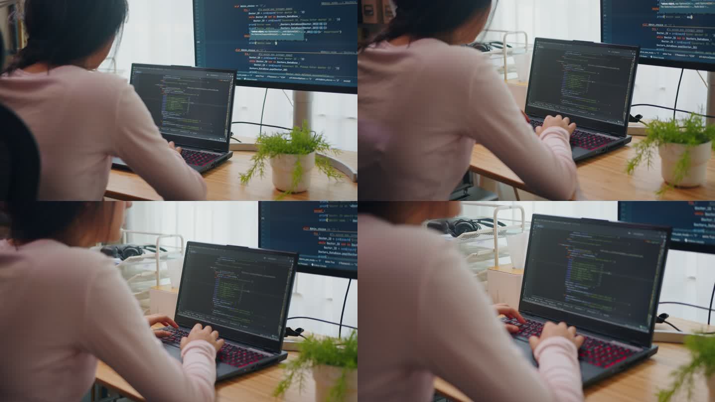 POV青少年女孩在家使用笔记本电脑编码移动应用程序。
