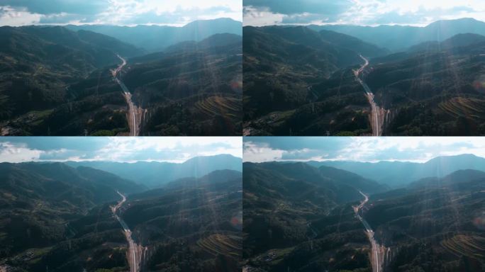 高速公路建设视频云南山区高速公路逆光远景