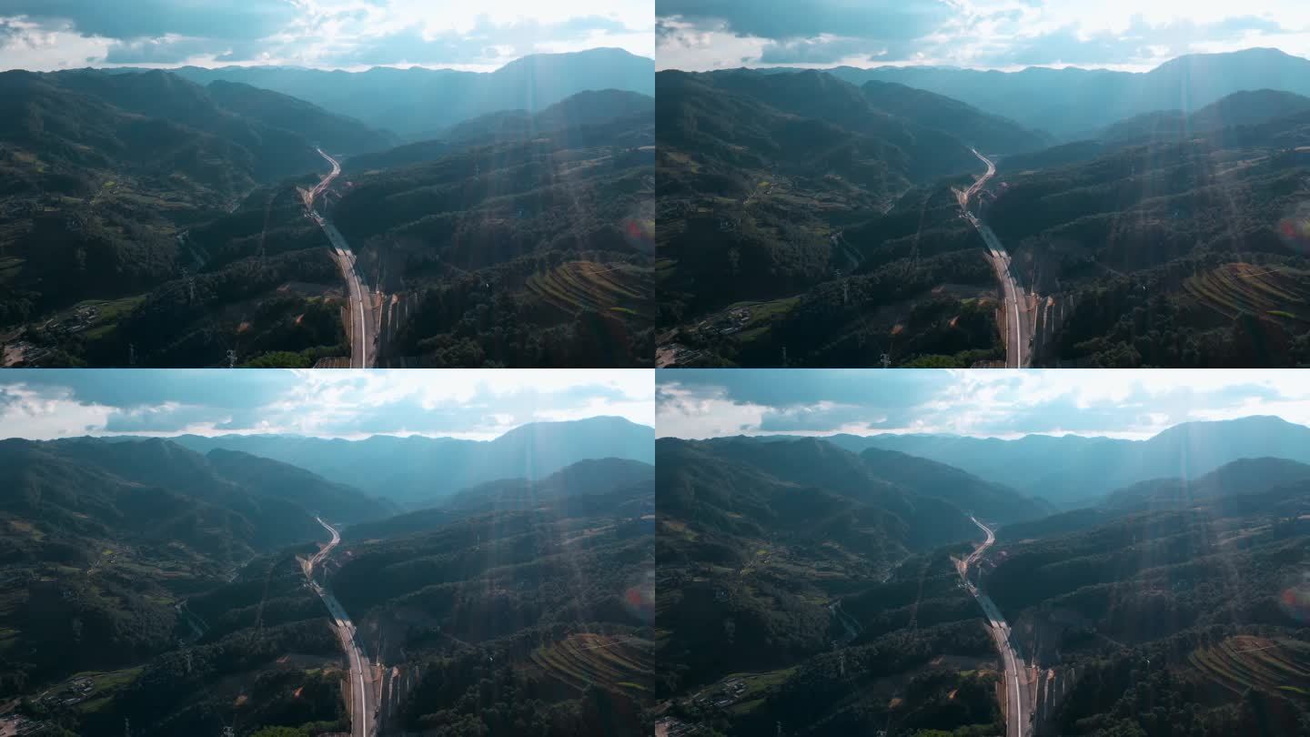 高速公路建设视频云南山区高速公路逆光远景