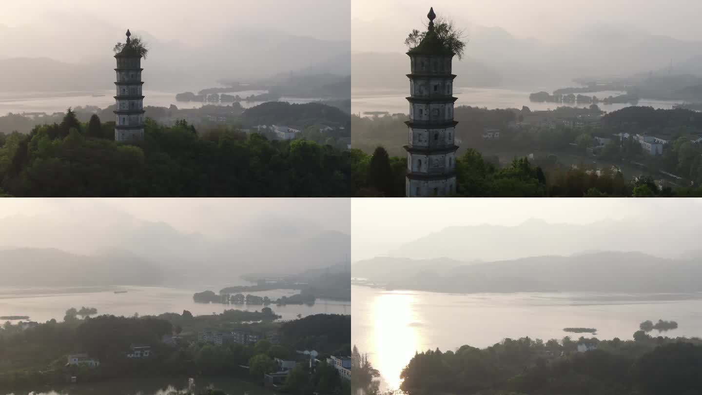 梅城古镇富春江清晨航拍