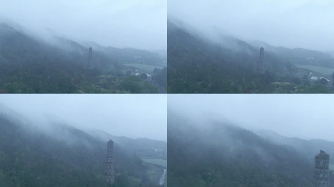 天台山隋塔清晨雾气航拍