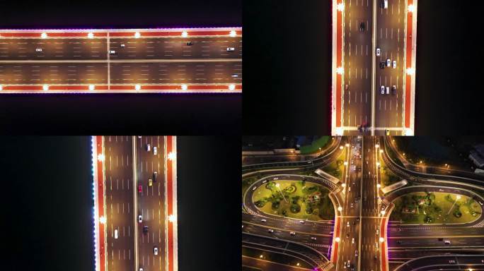 4K航拍夜晚桥梁道路交通视频