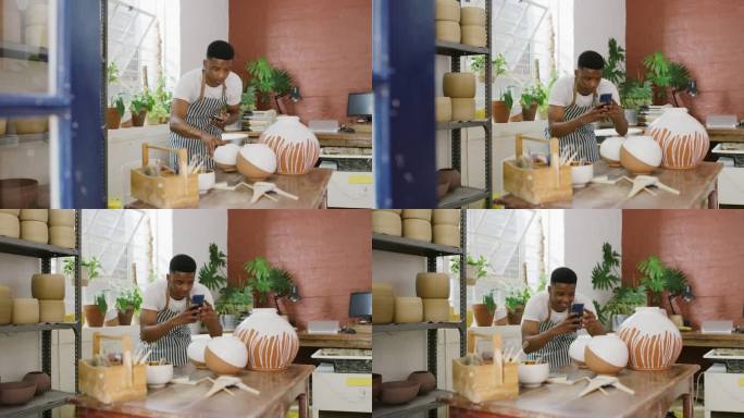 一个年轻人在陶艺工作室用智能手机拍摄成品照片的4k视频片段