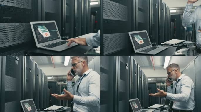 一名英俊成熟的男性计算机技术员在服务器机房工作时与某人在电话上争吵的4k视频片段