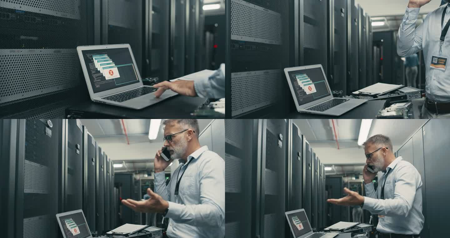 一名英俊成熟的男性计算机技术员在服务器机房工作时与某人在电话上争吵的4k视频片段