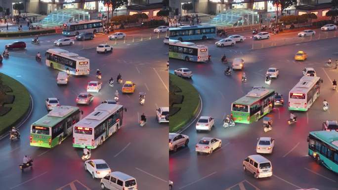 日落时分的城市交通，中国西安。