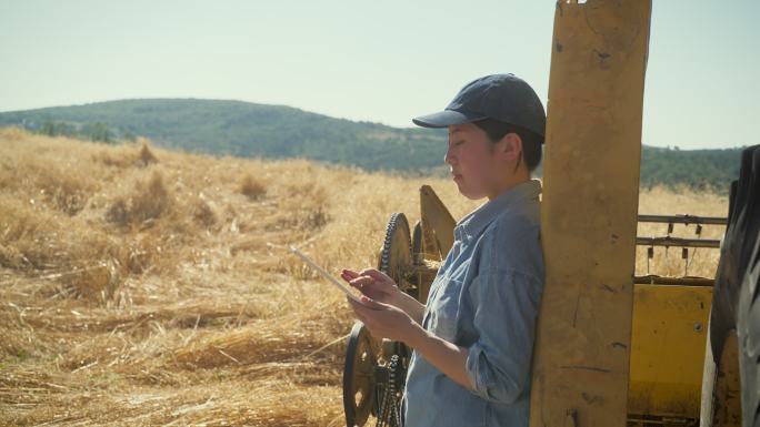 年轻女农民在农田使用数字平板电脑下一步在农田使用联合收割机