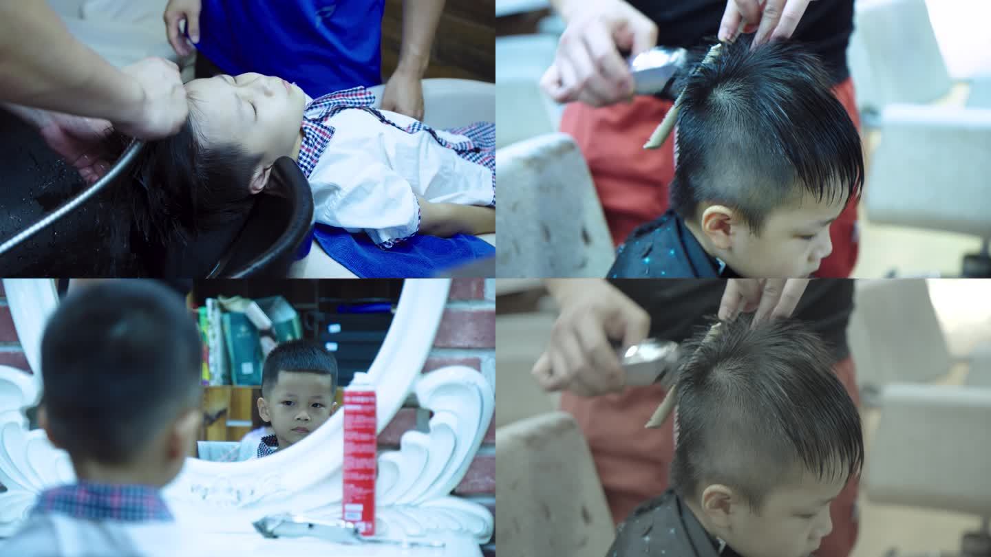 在理发店剪头发的小男孩