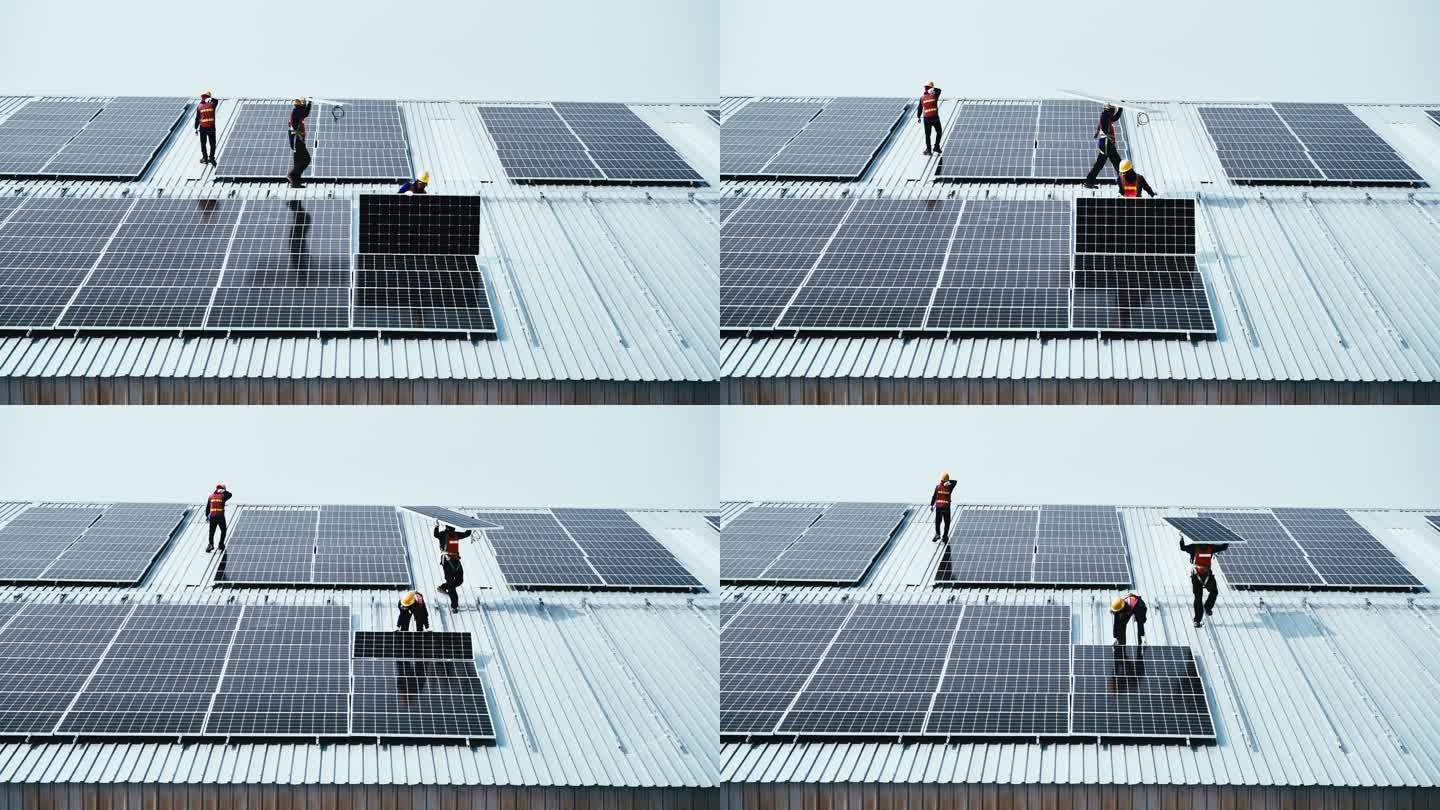 工人们安装太阳能电池板的时间流逝。