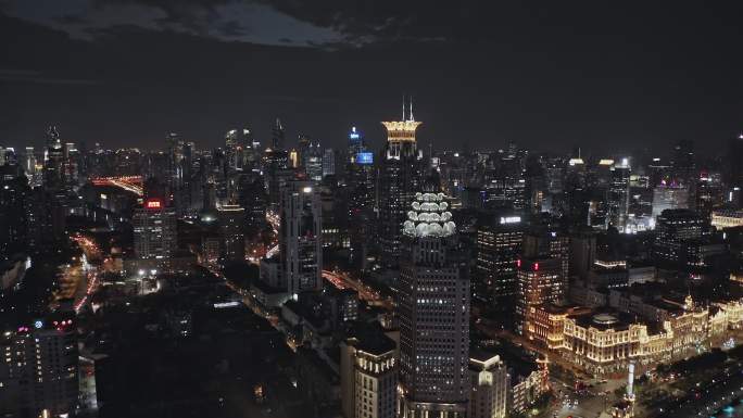 航拍上海浦西外滩高楼夜景