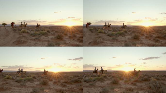 慢动作少年美国土著纳瓦霍男孩和女孩在亚利桑那州或犹他州纪念碑谷附近戏剧性的沙漠中，在戏剧性的日落下骑