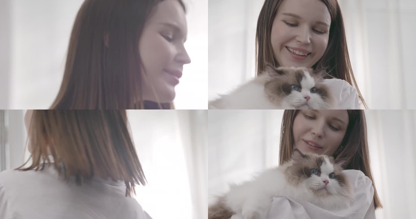 西方女人抱猫转圈地产广告饲养宠物拥抱可爱