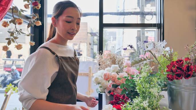 拥有花店花店的亚洲女性在店内准备出售，一位日本女性拥有专业花店，在城市中开设花店，小生意理念。