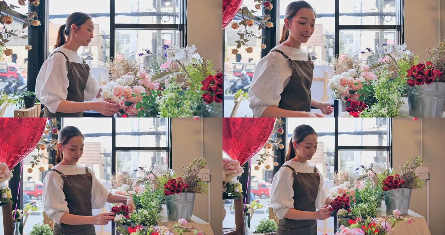 拥有花店花店的亚洲女性在店内准备出售，一位日本女性拥有专业花店，在城市中开设花店，小生意理念。