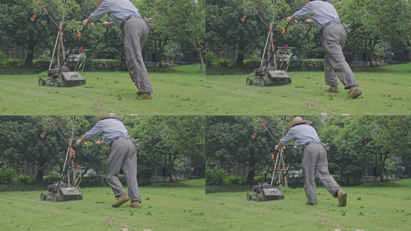 戴草帽的老人 修理草坪 升格拍摄