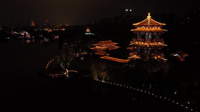 西安大唐芙蓉园夜景航拍4K西安古建筑夜景