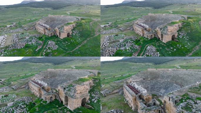 Pamukkale鸟瞰图-日出时Hierapolis 4K无人机剧场