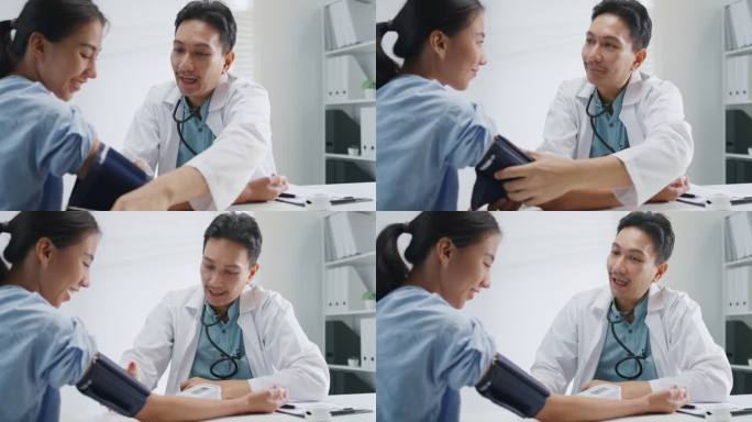 成熟的亚洲男性医生在健康诊所测量女性患者的高低压。
