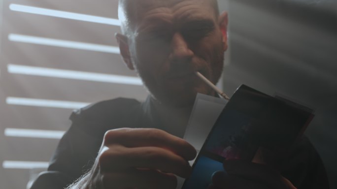 一名侦探把电影照片放在手里，抽起烟来