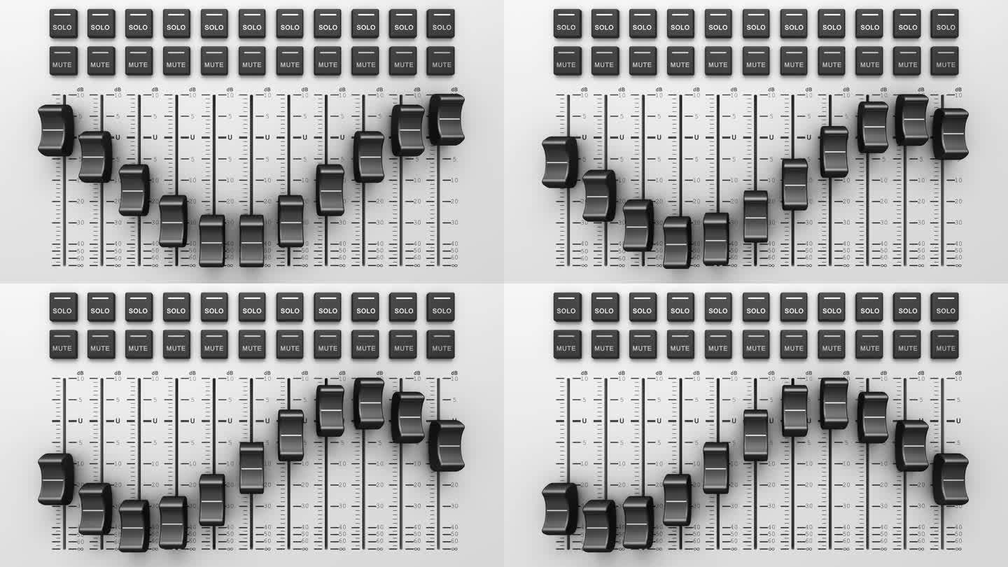 无缝环路。录音室混音器控制台、带音量控制器和调节旋钮的板面板。数字均衡器。音量控制混音器。