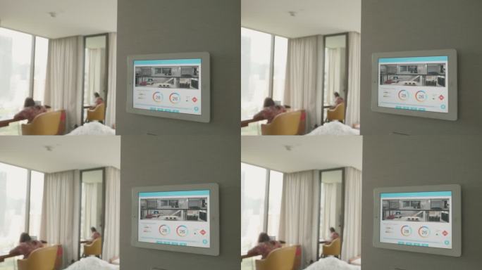家庭自动化控制器应用程序屏幕，显示控制所有家电设备的智能家居概念