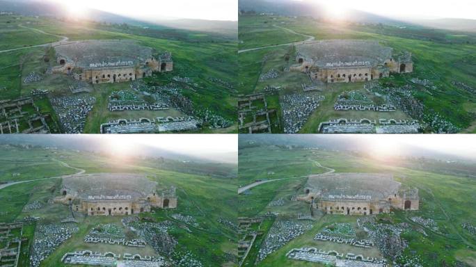 Pamukkale鸟瞰图-日出时Hierapolis 4K无人机剧场