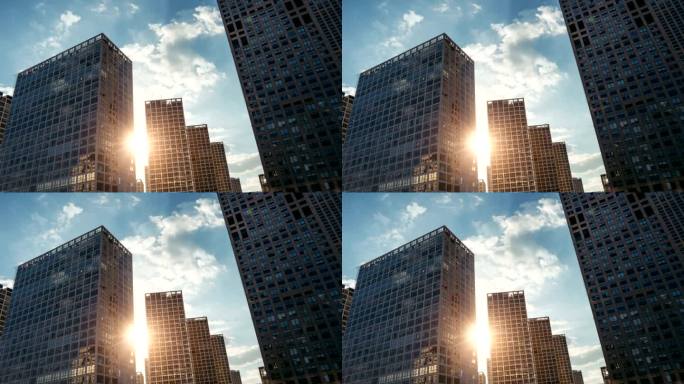 阳光下摩天大楼的动画电影效果