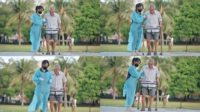 亚裔华人女性理疗师用助行器矫正姿势帮助老年男子在公园行走