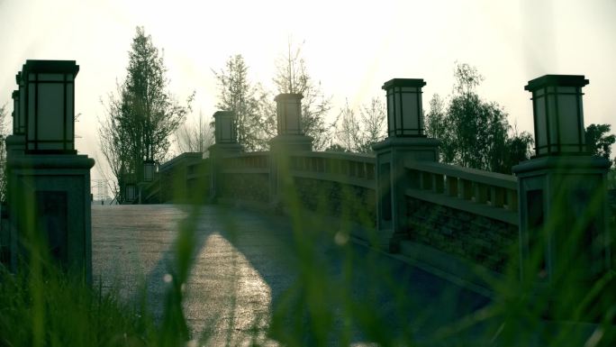 【阿莱】清晨阳光光影摩托车巡逻驶过石桥