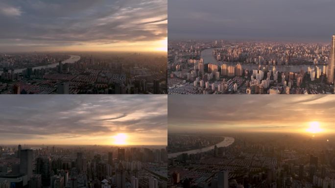高清航拍上海城市日落时分