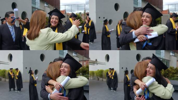 快乐的研究生在毕业日拥抱父母，看起来很兴奋