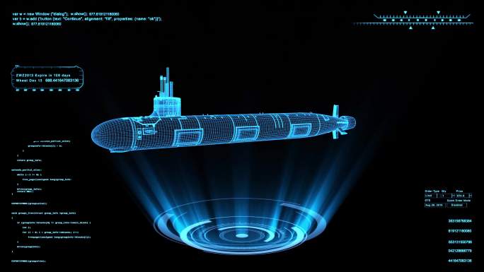 4K蓝色全息线框科技中国核潜艇素材带通道