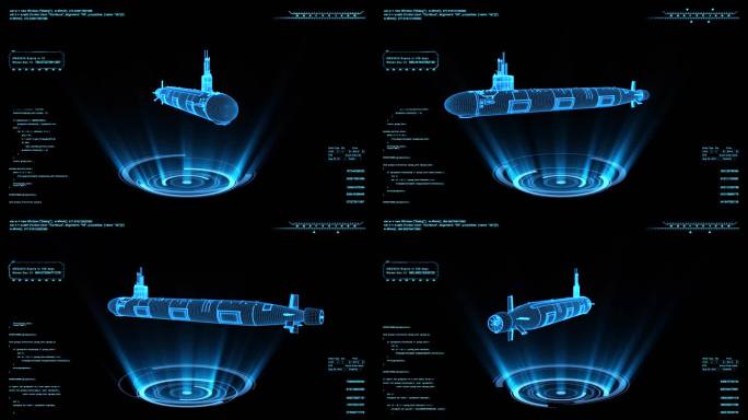 4K蓝色全息线框科技中国核潜艇素材带通道