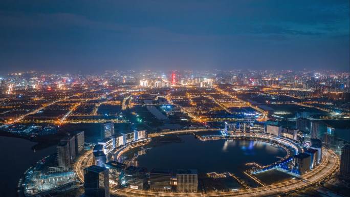 郑州北龙湖金融岛CBD亮灯夜景航拍延时