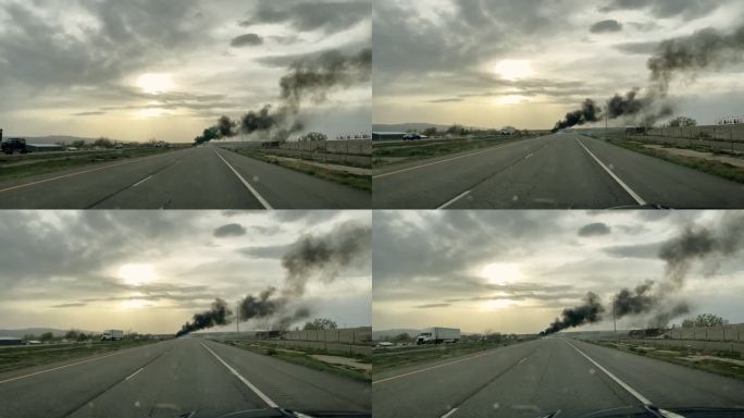 西科罗拉多州Median Interstate 70交通半卡车和汽车中的汽车火灾视频系列