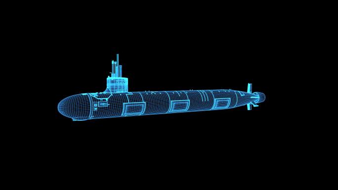 4K蓝色全息线框科技中国核潜艇素材带通道