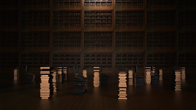 地上堆叠的书籍和靠墙的书架C4D动画