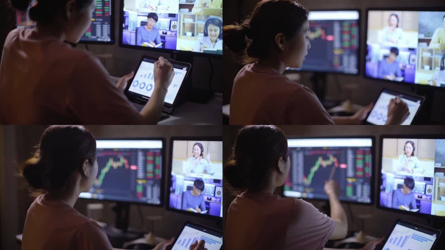 视频中的年轻女性在学习加密股票市场交易和在家工作期间要求召开商务会议
