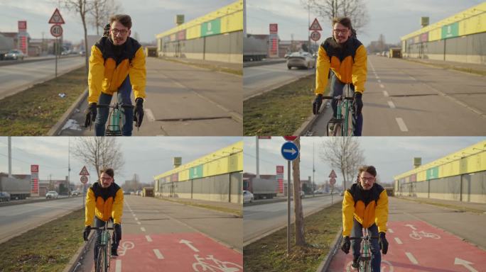 穿着黄色夹克衫的白人年轻人，骑着自行车在自行车道上通勤