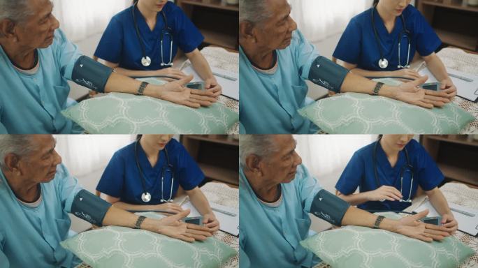 女医生在家探望老年患者并在家使用血压