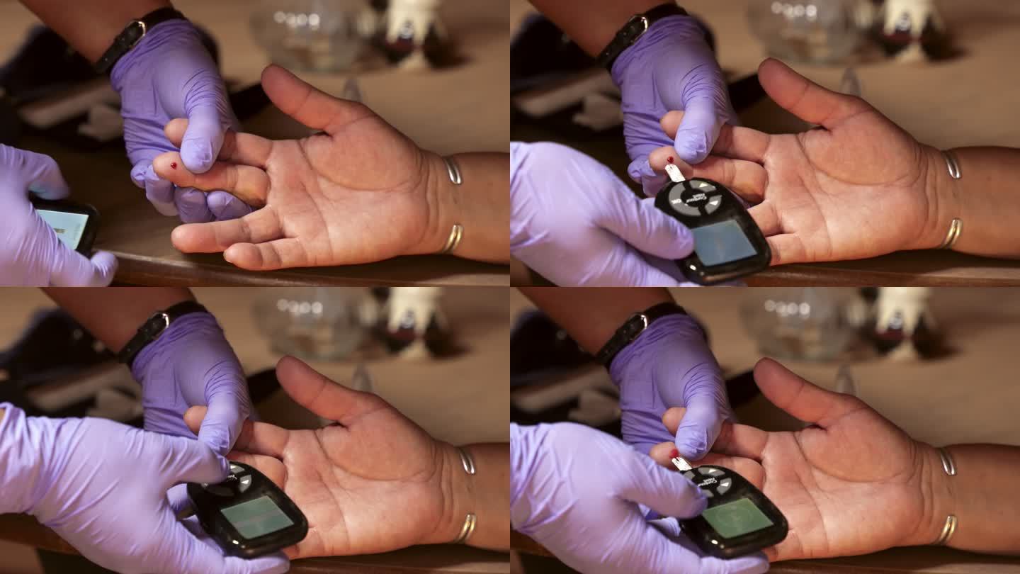 女性紧急服务护理人员EMT测试老年妇女的血糖或血糖