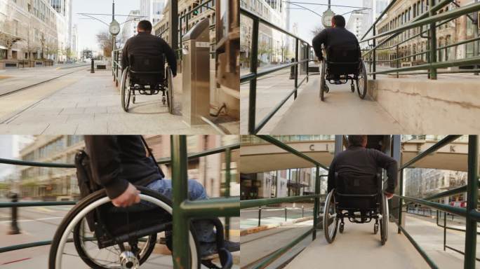 轮椅坡道上的残疾人